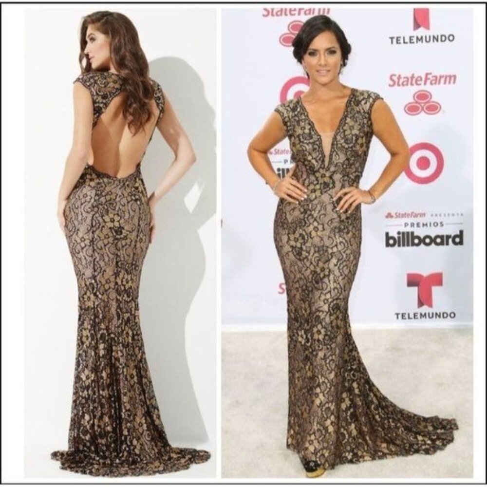 JOVANI Plunge Open Back Prom Dress Formal Gown 14 Black & Gold 26569